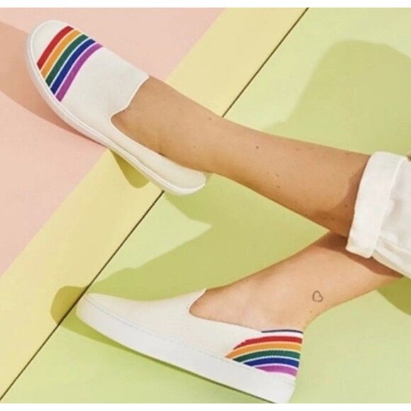 ROTHYS Size 10 Limited Edition SF Pride White Rainbow Stripe Slip On Sneakers - Picture 15 of 16